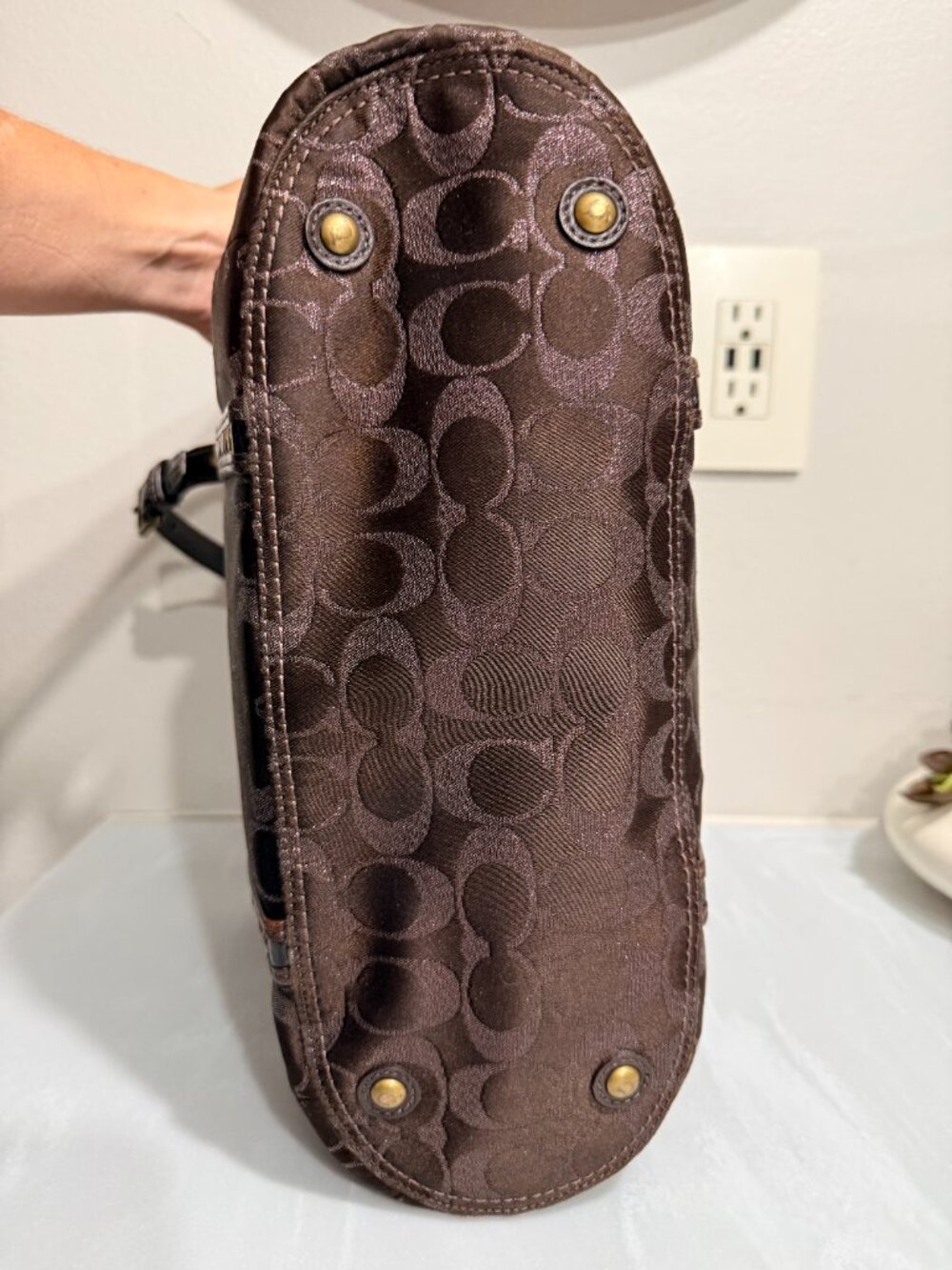 Dark Chocolate Brown Coach Signature Studded Lurex Tote Bag - Picture 6 of 14